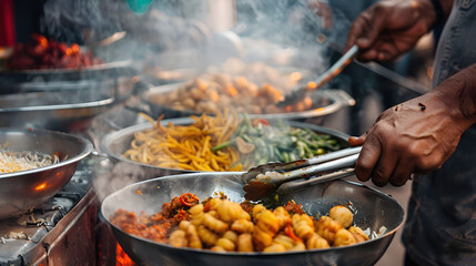 Fototapeta premium A man who is seriously cooking street food