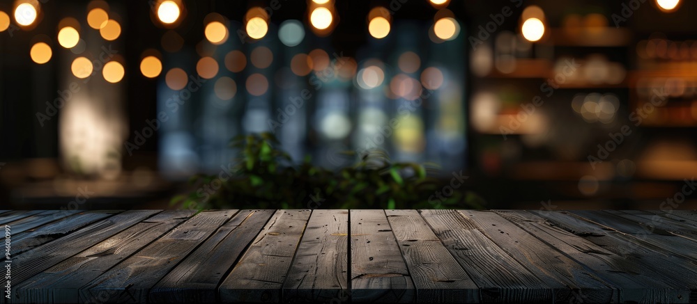 Poster empty dark wooden table set against an abstract blurred bokeh background of a restaurant this can be