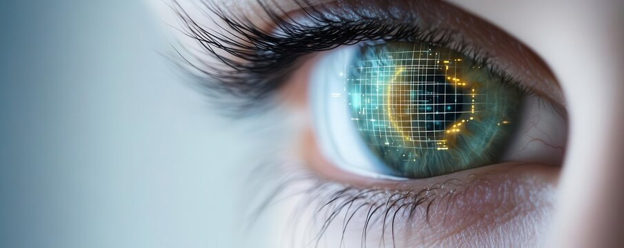 Close-up of human eye with digital security grid overlay, advanced retinal scan technology