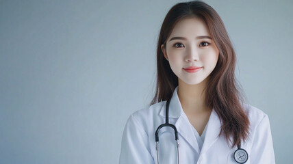 Young female doctor in a white coat smiling confidently at the camera in a well-lit clinical setting, emphasizing professionalism and care