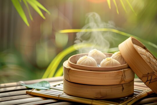 Chinese tea dumplings in a steamer tray