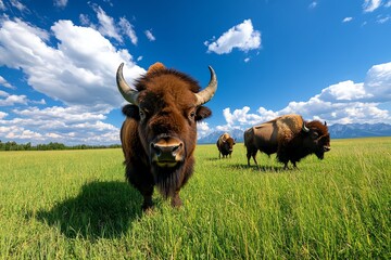 Bison in a landscape of open fields, captured in a photo that emphasizes the vastness and freedom of their environment