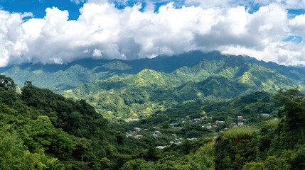 rocky coastline showcases vibrant textures against a backdrop of distant green peaks and a tranquil blue sea, creating a serene coastal atmosphere