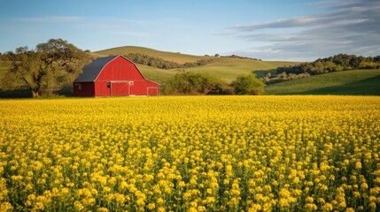 A red barn in a field of yellow mustard flowers.