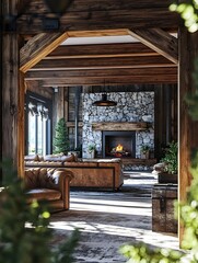 Cozy and inviting farmhouse style living room with a stone fireplace plush leather seating antique wooden frame accents