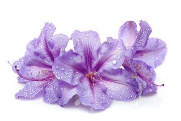 Naklejka premium Close up purple flowers with water droplets and a single blue blossom on white background