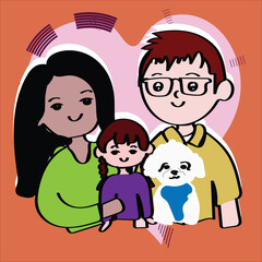 Obraz premium family of four, Cute couple with dog. Vector illustration in cartoon style, A family with a dog. Happy family/Illustration of a happy family