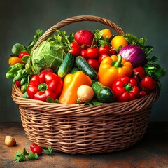 A wicker basket overflowing with vibrant fresh vegetables, including bell peppers, tomatoes, lettuce, and cucumbers, Perfect for use in healthy eating, organic farming, and food market advertisements