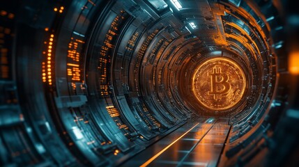 A holographic bank vault displays luminous digital currency within a sleek, high-tech corridor, emphasizing a futuristic financial landscape.