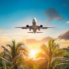 A commercial plane flying above palm trees at sunset, jet plane flying over tropical island