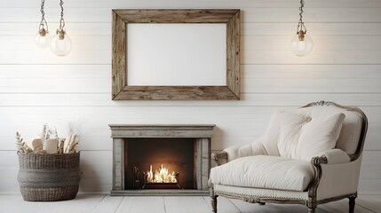Cozy and inviting farmhouse style living room with an antique wooden frame hanging on the shiplap wall a plush armchair placed near the fireplace and soft lighting creating a warm relaxing atmosphere