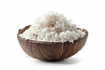 Coconut flesh and shredded flakes in shell on white background