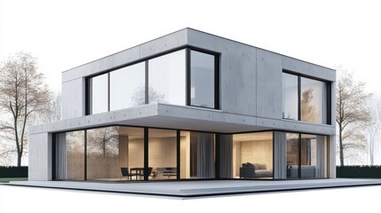 Modern architectural design featuring a minimalist concrete house with large glass windows.