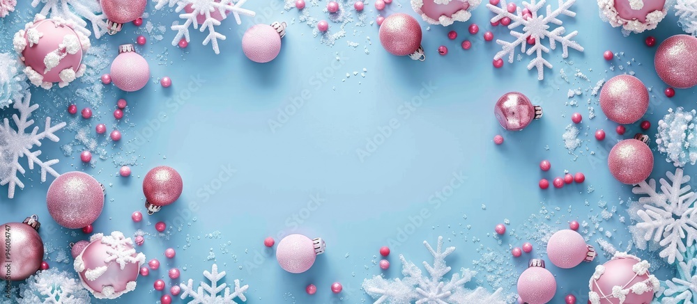 Canvas Prints Christmas arrangement A frame of pink balls and white snowflakes on a pastel blue background Christmas winter New Year theme Flat lay top view copyspace