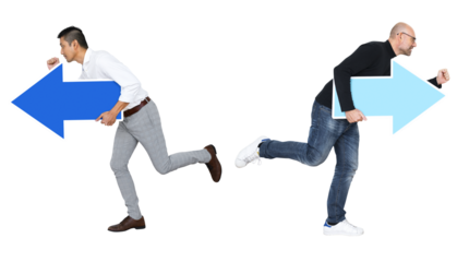 Two men png with arrows and running in opposite directions, transparent background