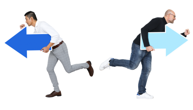 Two men png with arrows and running in opposite directions, transparent background - Powered by Adobe