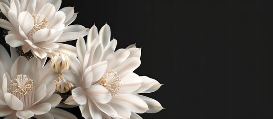 White beautiful cactus flowers blossom against a black background. Copy space image. Place for adding text and design