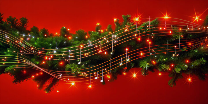 Xmas Harmonies and musical notes stand on a stave wrapped in Christmas tree branches, giving the music a special sound. Ideal for music concert posters, shows, reviews, concerts and performances. 