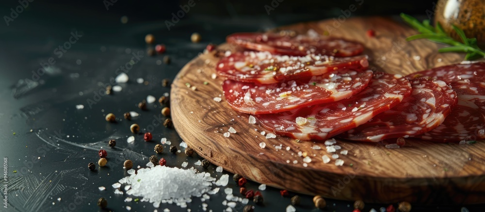 Wall mural Wooden cutting board salt pepper and slices of Salchichon on a dark table. Copy space image. Place for adding text and design