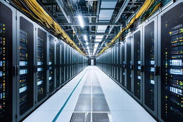 This detailed photograph showcases the heart of a data center, where countless servers are housed in long, parallel rows. The servers are active, indicated by the blinking lights and gentle hum that