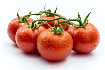 A cluster of fresh, dew-covered tomatoes on a white background.