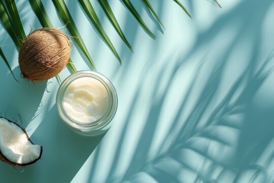 Coconut oil in jar with coconut and leaf shadow Spa and food ingredient with space for text