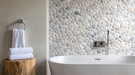 A spa-like bathroom with a tile wall featuring a mosaic of pebbles in various shades of grey and white, creating a natural, textured look
