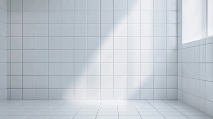 A tile wall in a minimalist bathroom, with large, matte white tiles and subtle, seamless grout lines
