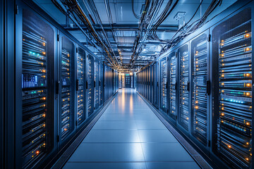 This detailed photograph showcases the heart of a data center, where countless servers are housed in long, parallel rows. The servers are active, indicated by the blinking lights and gentle hum that
