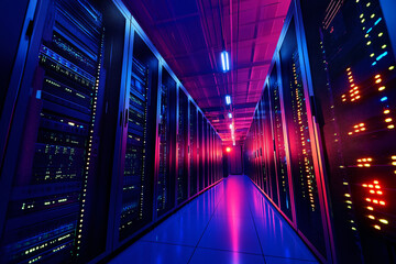 Obraz premium A wide-angle view of a bustling data center, where rows of servers stand tall, their front panels illuminated by an array of blinking lights, each representing ongoing data transfers and processing