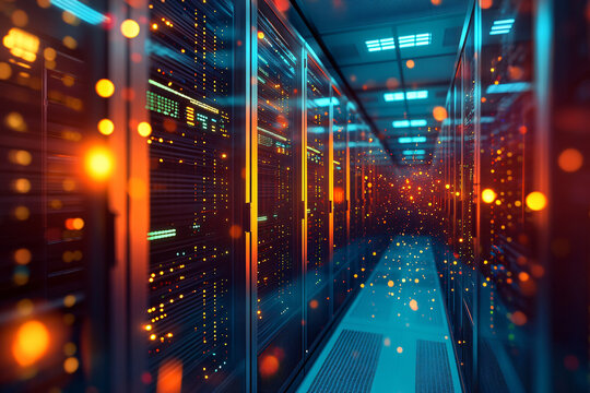 A wide-angle view of a bustling data center, where rows of servers stand tall, their front panels illuminated by an array of blinking lights, each representing ongoing data transfers and processing
