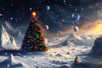 Naklejka premium Christmas celebration with a tree in a starry outer space