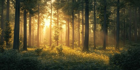 Fototapeta premium Sunbeams through tall trees in a misty forest.