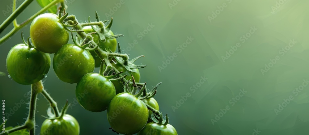 Poster Cluster of green ripening tomatoes on a branch in a greenhouse against a green backdrop Harvest time is approaching. Copy space image. Place for adding text and design