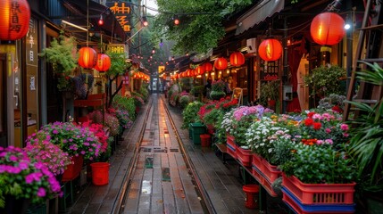 Charming alleyway lined with red lanterns and blooming flowers in Taiwan