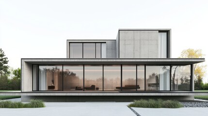 Obraz premium Modern architectural design featuring a sleek concrete facade and large glass windows.