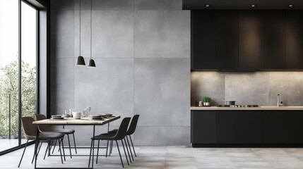 An industrial loft with a tile wall made of large, concrete-look tiles, adding texture and a modern, urban feel