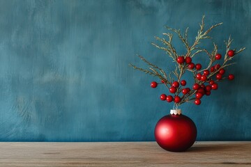 Christmas arrangement with red berries in a round ornament vase