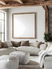 Cozy and inviting farmhouse style living room with plush overstuffed couches exposed wooden beams and a simple framed wall decor
