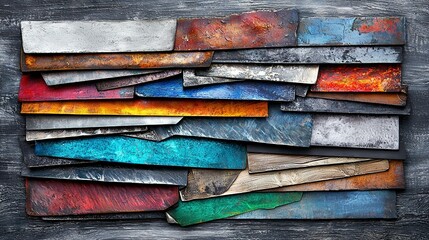   A colorful metal object sits atop a wooden table alongside another metal item on the same wood surface