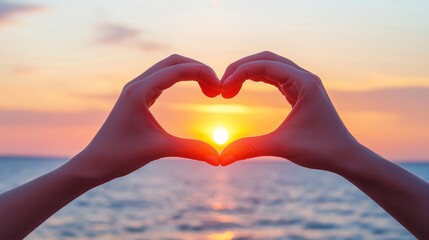 Fototapeta premium Two hands forming a heart shape, with a sunset in the background