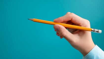 Hand with pencil isolated on blue background, Generative AI