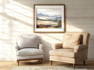 Cozy and Inviting Farmhouse style Living Room with Shiplap Walls Plush Armchair and Mockup Frame Featuring Serene Watercolor Landscape Artwork under Natural Afternoon Sunlight