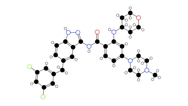 entrectinib molecule, structural chemical formula, ball-and-stick model, isolated image antineoplastic agents