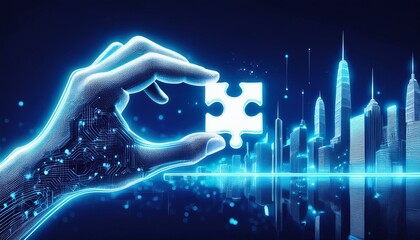 Hologram hand holding puzzle piece fitting into cityscape outline.