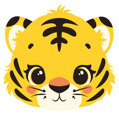 Cute tiger face, a simple flat illustration style with bright colors and a white background