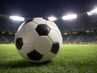 Fototapeta premium soccer ball on the grass field in the large stadium sports arena