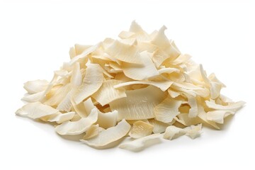 Dehydrated coconut chips on white background