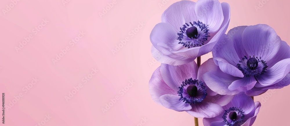 Poster Banner featuring purple spring flower Poppy Anemone Anemone coronaria set against a pink background with copy space