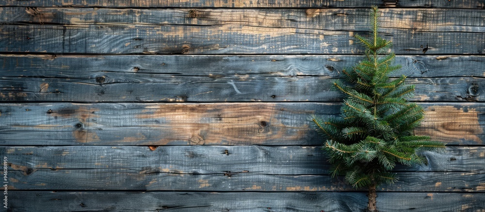 Poster fir tree on a weathered wooden backdrop. copy space image. place for adding text and design
